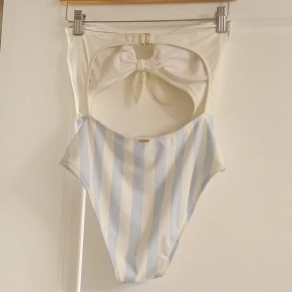 Hollister Swim One Piece Swimsuit Women Sz S White Blue Tie Front Cut Out - Picture 5 of 10